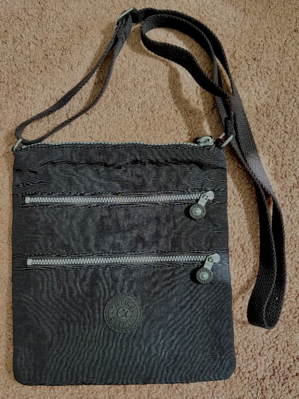 Kipling Keiko Crossbody Bag Triple Zipper Black Travel School Dark Academia Prep